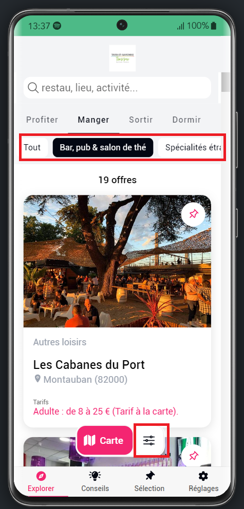 Filtres dans l'onglet Explorer de myApitour