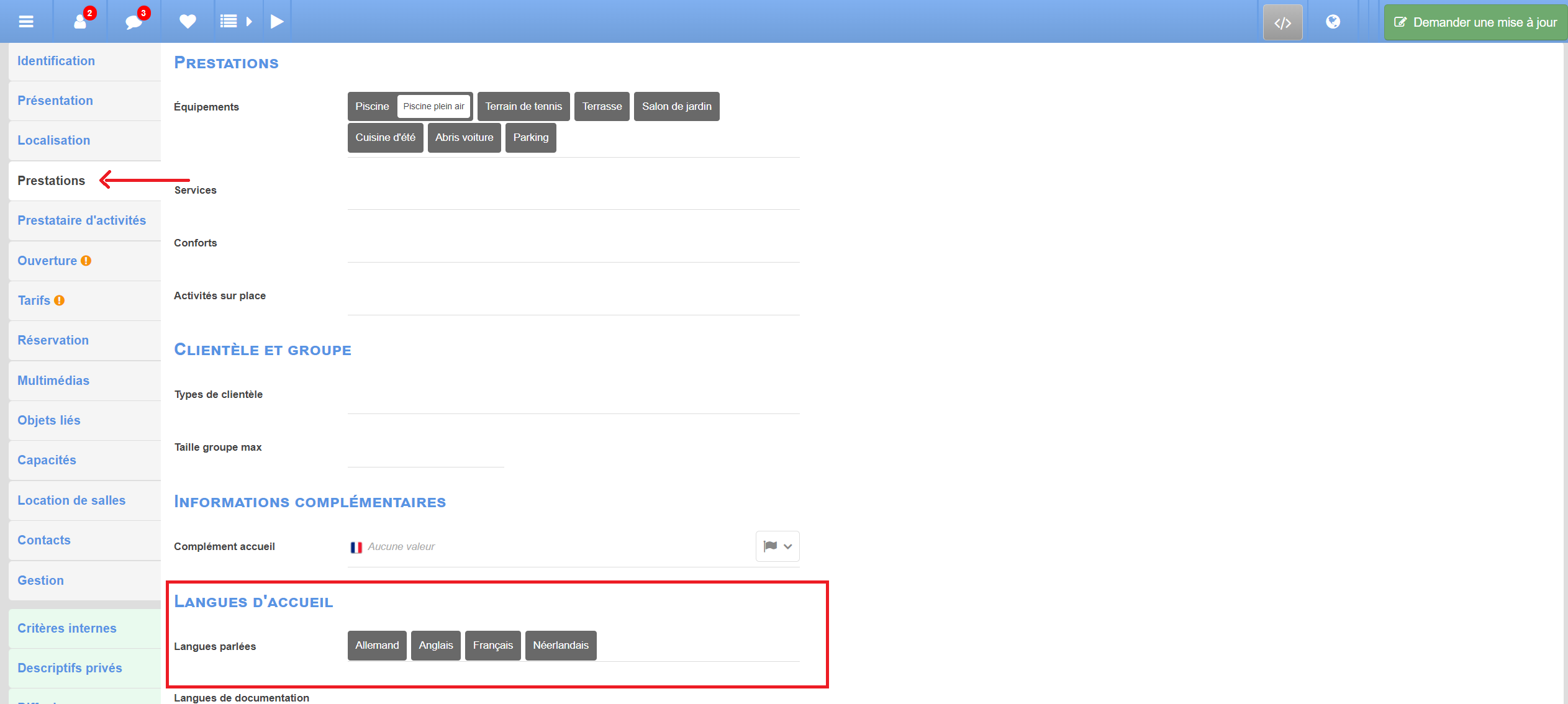 Filtrage sur les langues d'accueil