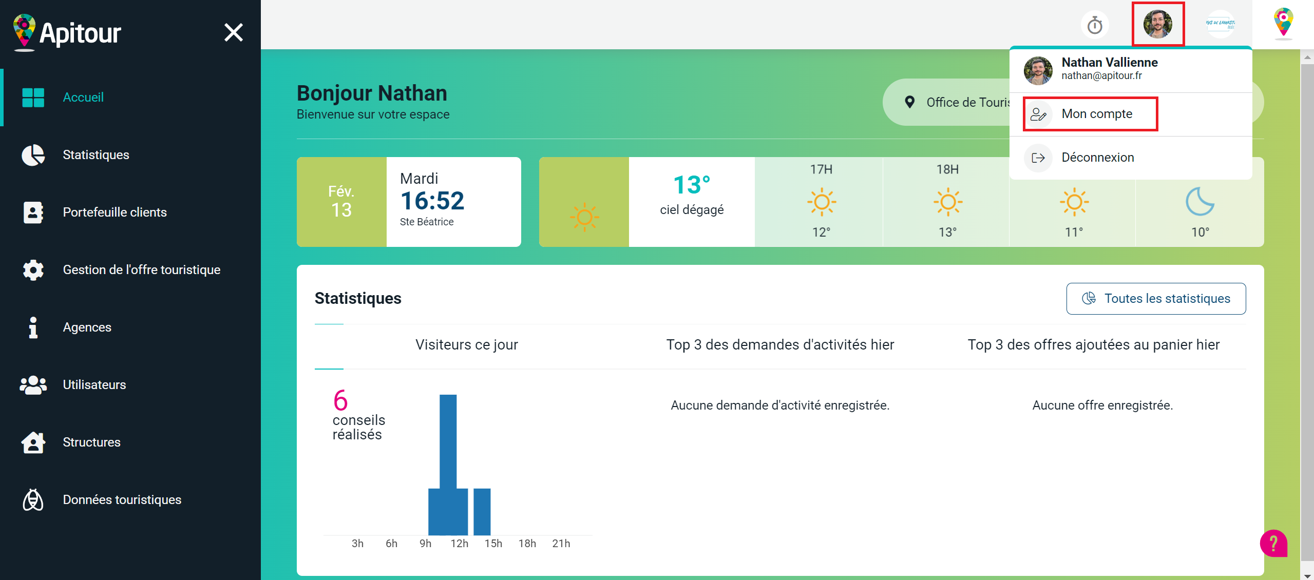 Accéder à votre compte depuis le tableau de bord d'Apitour