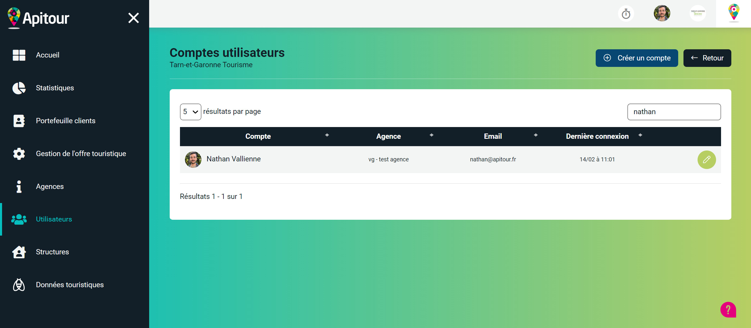 Onglet compte utilisateur
