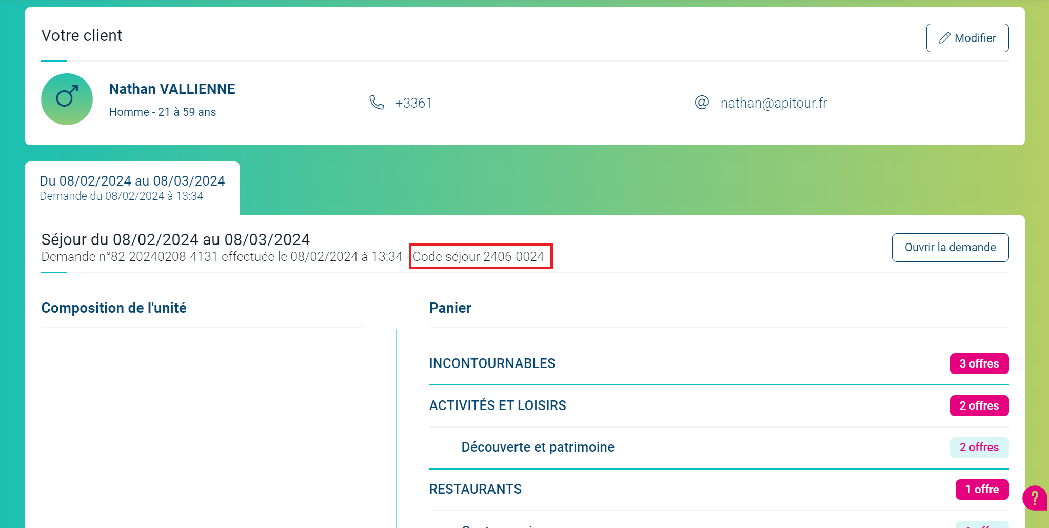 Code séjour portefeuille client